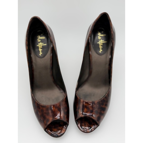 Cole Haan Shoes - Cole Haan Leopard Patent Peep Toe Pumps Brown Black D29828 Heels Womens 6.5B